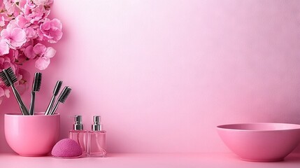   A pink vase brimming with lush pink blossoms rests beside bowls of grooming tools - hairbrushes and powder