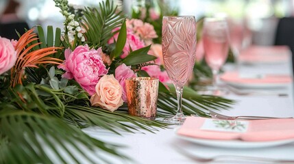 Wall Mural -   A close-up of a table adorned with pink and white flowers, featuring place settings arranged on it