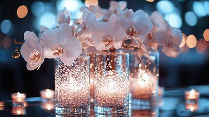   A focused image of two vases with flowers inside, accompanied by candles in the foreground and a hazy backdrop