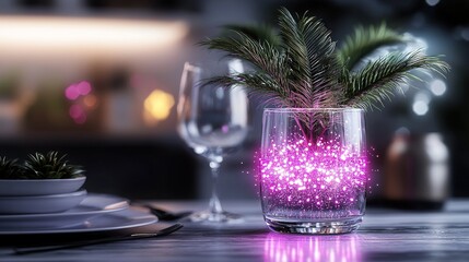   A plant in a glass vase sits on a table, surrounded by a plate and wine glasses