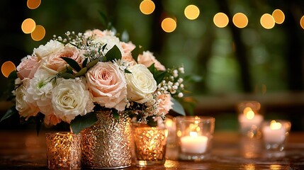 Sticker -   White and pink flowers adorn a vase atop a table, accompanied by candles