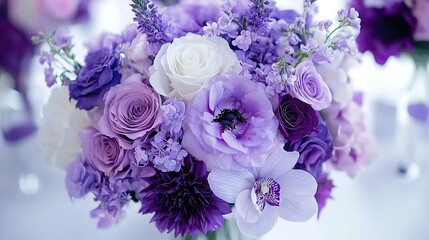 Canvas Print -   Purple and white flower arrangement in vase on table against purple and white background