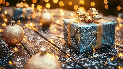 Wall Mural -   A blue gift box rests atop a wooden table beside Christmas decorations and glowing string lights