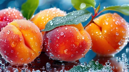 Canvas Print -   Three peaches rest atop a wet table, surrounded by lush green foliage