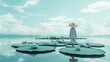 © Untamed - Figura solitaria con sombrero de paja camina sobre una hoja de loto gigante, rodeada de un mar de flores. La imagen surrealista y minimalista evoca la serenidad