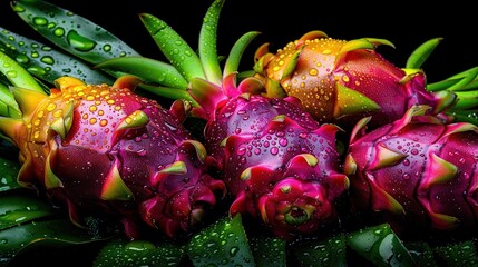 Canvas Print -   A macro photo of several flowers with water droplets on their petals and stems