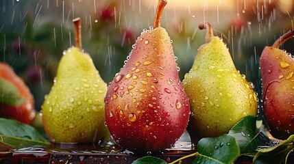 Wall Mural -   A cluster of pears positioned together on a table with water beads adorning their surfaces