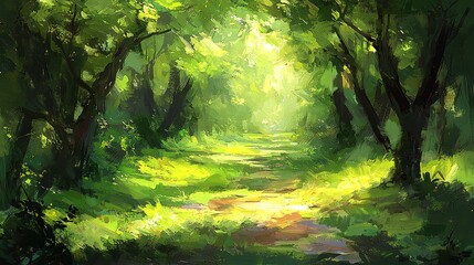 Poster -  A serene green forest bathed in golden sunlight, with a winding path leading the way