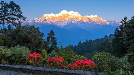 Sticker -  A stunning image of a mountain range surrounded by vibrant red flowers and a serene blue sky in the background