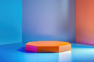 An octagonal platform sits in the center of a room with blue, purple, and orange walls, bathed in soft, colorful light