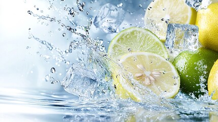 Wall Mural -   A bunch of lemons and limes splash into the water with ice cubes on the side