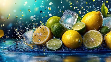 Wall Mural -   A group of lemons and limes are splashing into the water with a splash