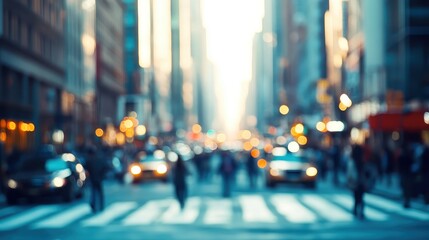 Blurred cityscape scene with people crossing the street and skyscrapers in the background. Urban life, busy street, pedestrians, and city lights.