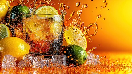 Sticker -  Yellow-orange background with a glass of soda, lemons, limes, and ice cubes