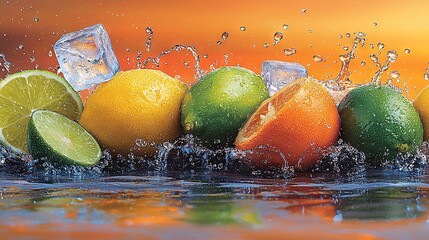 Wall Mural -   A cluster of limes, oranges, and limes dangling in an icy pool as cubes cascade into it