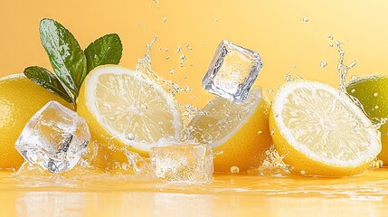 Wall Mural -   A cluster of lemons surrounded by ice cubes and mint on a yellow background with water droplets