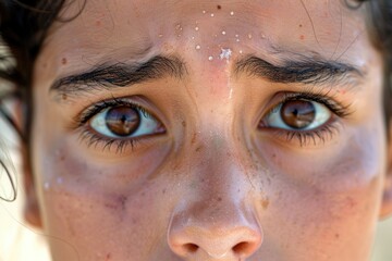 Wall Mural - A close-up portrait of a childs face, focusing on their eyes. The image captures the detail of the childs skin and eyelashes