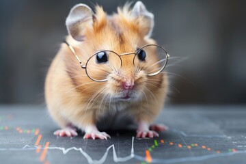 Wall Mural - A hamster wearing round glasses sits on a stock market chart, seemingly analyzing the data