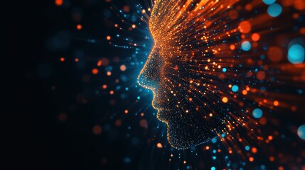 Abstract digital face made of glowing particles representing technology and artificial intelligence in dark space.