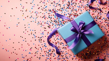 Sticker -   A blue gift box with a purple ribbon on a pink background