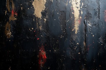 Sticker - Abstract black and gold textured wall with red splashes in an artistic setting