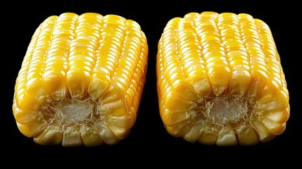   Close-up of two corns on black background with white spot in middle cob