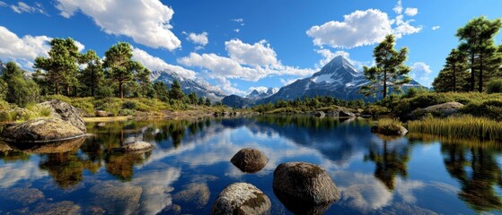 Mountain Lake Reflection, Snow-capped peaks and evergreen trees mirrored in a serene alpine lake, Tranquil wilderness landscape.