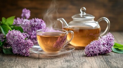 Wall Mural - A wooden table with a teapot and a cup of lilac tea. lilac branches in full bloom. Warm, healthful spring tea