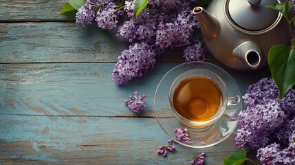 Wall Mural - A wooden table with a teapot and a cup of lilac tea. lilac branches in full bloom. Warm, healthful spring tea