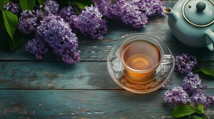 Wall Mural - A wooden table with a teapot and a cup of lilac tea. lilac branches in full bloom. Warm, healthful spring tea