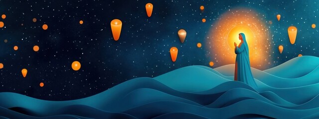 Wall Mural - the virgin mary depicted in a surreal space with floating candles and a glowing halo, surrounded by 