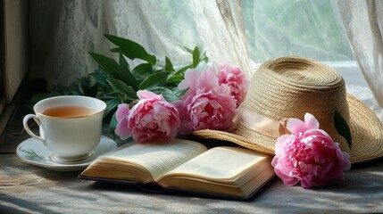 Wall Mural - A springtime still life featuring a straw hat, an open book, and peonies.