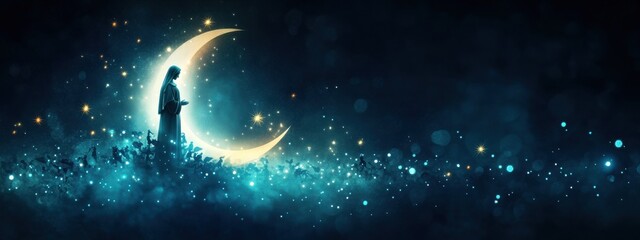 Wall Mural - virgin mary, standing on a crescent moon, surrounded by stars and angels, soft glowing light,