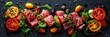 © The 2R Artificiality - Aerial perspective of gourmet tuna fillet paired with vegetables, featuring tuna pieces alongside tomatoes, capers, olives, sweet peppers, and microgreens.