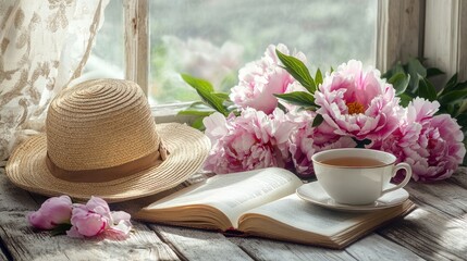 Wall Mural - A springtime still life featuring a straw hat, an open book, and peonies.