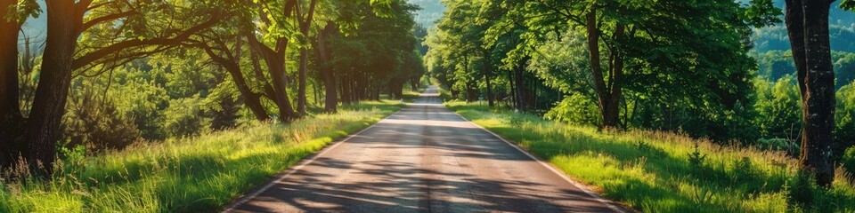 Poster - Scenic country road on a bright summer day, featuring a straight route through wild forest terrain, perfect for outdoor adventures with vibrant greenery alongside trees and mountains. Ideal for