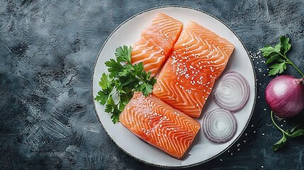 Poster -   Two raw salmon fillets with chopped onions and fresh parsley on a plate, accompanied by a sharp knife and sliced onions