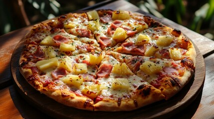 Wall Mural - Close-up of a freshly made Italian pizza Hawaii with pineapple, ham, and cheese on a wooden table outside