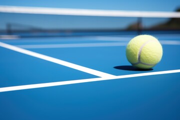 A closeup of the white lines on a blue tennis court with a simple background in a minimalist style from a flat view angle at high resolution, quality, detail, and contrast with professional photograph