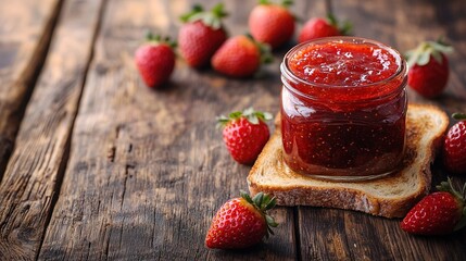 Poster -   A strawberry jam-filled jar sits on a slice of bread beside fresh strawberries on a wooden table