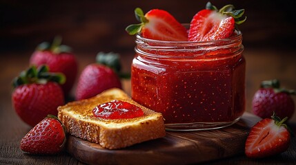 Sticker -   A strawberry jam jar, slice of bread, and strawberries on a wooden board on a table