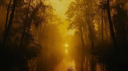 Poster -   Foggy day in swampy area; sun shining through trees, boat in foreground