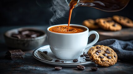 Sticker -   A coffee pour into a mug w/chocolate chips & cookie on a saucer