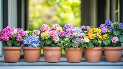 Sticker -  Potted flowers on window sill, green tree background