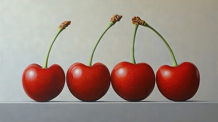   Three cherries on a table with a white wall in the background