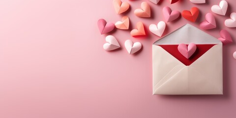 love letter envelope with paper craft hearts - flat lay on pink valentines or anniversary background with copy space