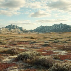 Wall Mural - Rolling hills on a tundra with sparse plants and distant peaks picture