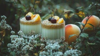 Sticker -   A few desserts resting on top of a table near ripe peaches and other fruits perched on a bush