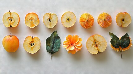 Poster -   A group of cut-up fruits rests atop a white table beside an orange and green leaf