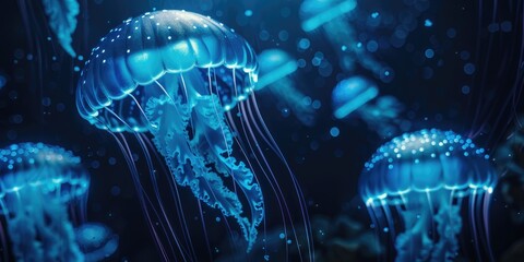 Canvas Print - Glowing blue jellyfish in a dark underwater environment